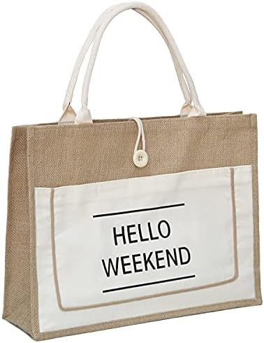 JOSSOIOJ HELLO WEEKEND Printed Custom Jute Tote Bags with Canvas Front Pocket Reusable Natural Bu... | Amazon (US)