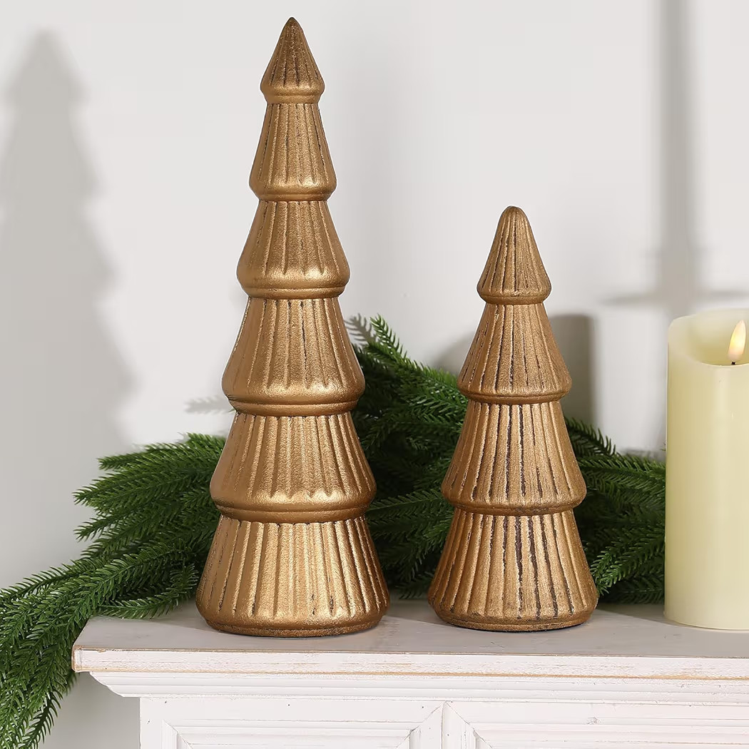 Christmas Decorations-2pcs Wooden Christmas Tree Figurine-Vintage Cone Indoor Xmas Decoration Cen... | Amazon (US)