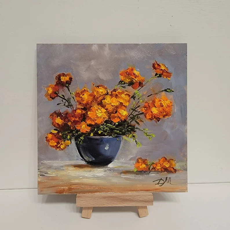 Yellow Orange Flowers Small Original Hand Painted Oil Painting on Archival Panel. Bright Office A... | Etsy (US)