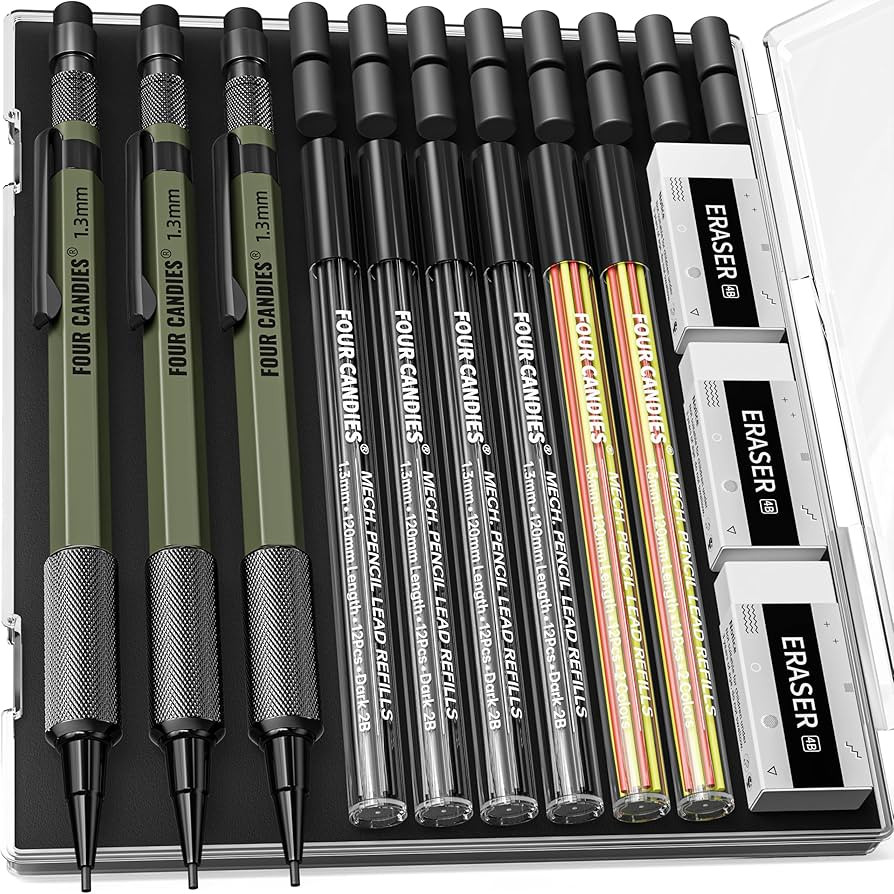 Four Candies 1.3mm Mechanical Pencil Set with 72 Lead Refill, 3PCS Metal Weatherproof Body Heavy ... | Amazon (US)