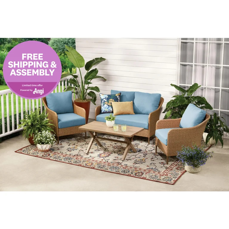 Mainstays Chelsea Outdoor Patio Steel 4-Pieces Deeping Seating Set with Blue Cushions | Walmart (US)