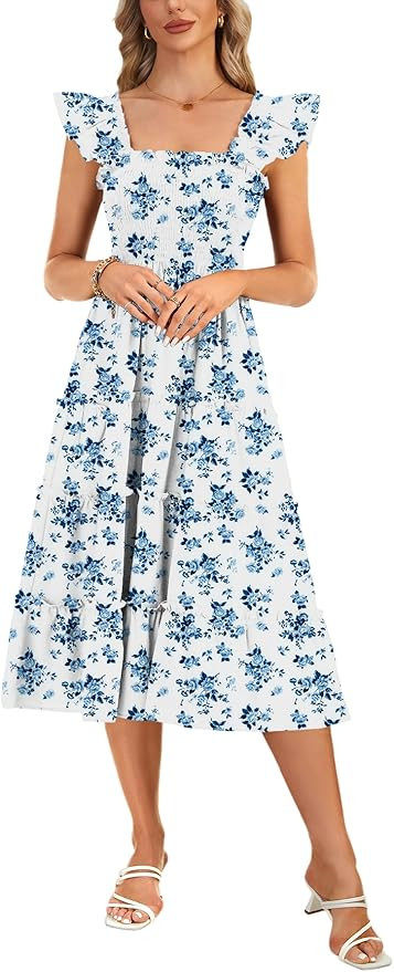 Rooscier Women's Square Neck Smocked Ruffle Sleeveless Tiered A Line Sundress Midi Dress | Amazon (US)