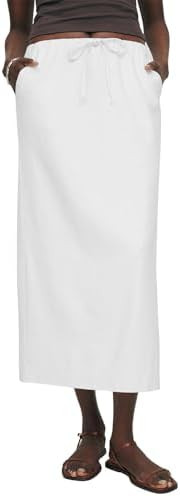 IDEALSANXUN Womens Linen Skirts Trendy Elastic Waist Drawstring Long Skirts with Slit | Amazon (US)