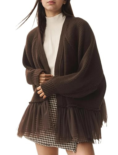ICOBID Womens Y2k Oversized Cardigan Sweaters Patchwork Flwoy Hem Crochet Knitted Sweater Tops Tulle Ruffle Ribbed Jacket Brown | Amazon (US)