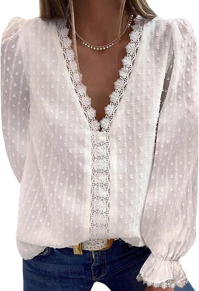 CARCOS Women's Swiss Dot Tops V Neck Chiffon Blouse Lace Crochet Sleeveless Camisole Elegant Pom ... | Amazon (US)