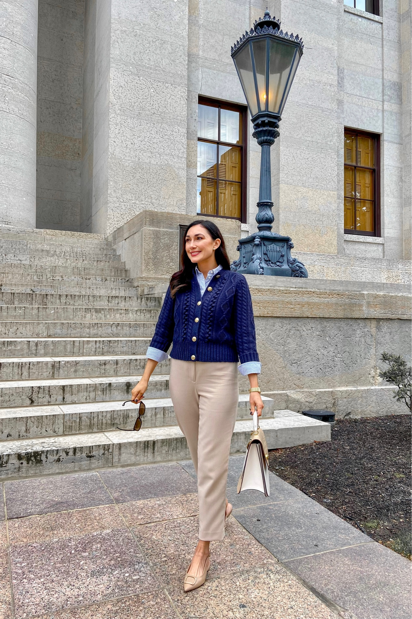 Business casual work outfit 💙🤍

Navy cable knit cardigan sweater size small, TTS
Striped button up (linked similar)
Tan high waisted pants size 2 curvy, TTS
Nude pointed toe slingbacks size 7, TTS

Fall work wear 
Business professional 
Office outfit 

#LTKworkwear #LTKstyletip #LTKshoecrush