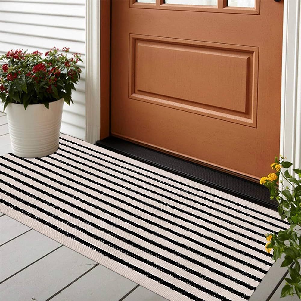 LEEVAN Black and White Striped Outdoor Rug Runner 24"x51" Layering Doormat Farmhouse Front Porch ... | Amazon (US)