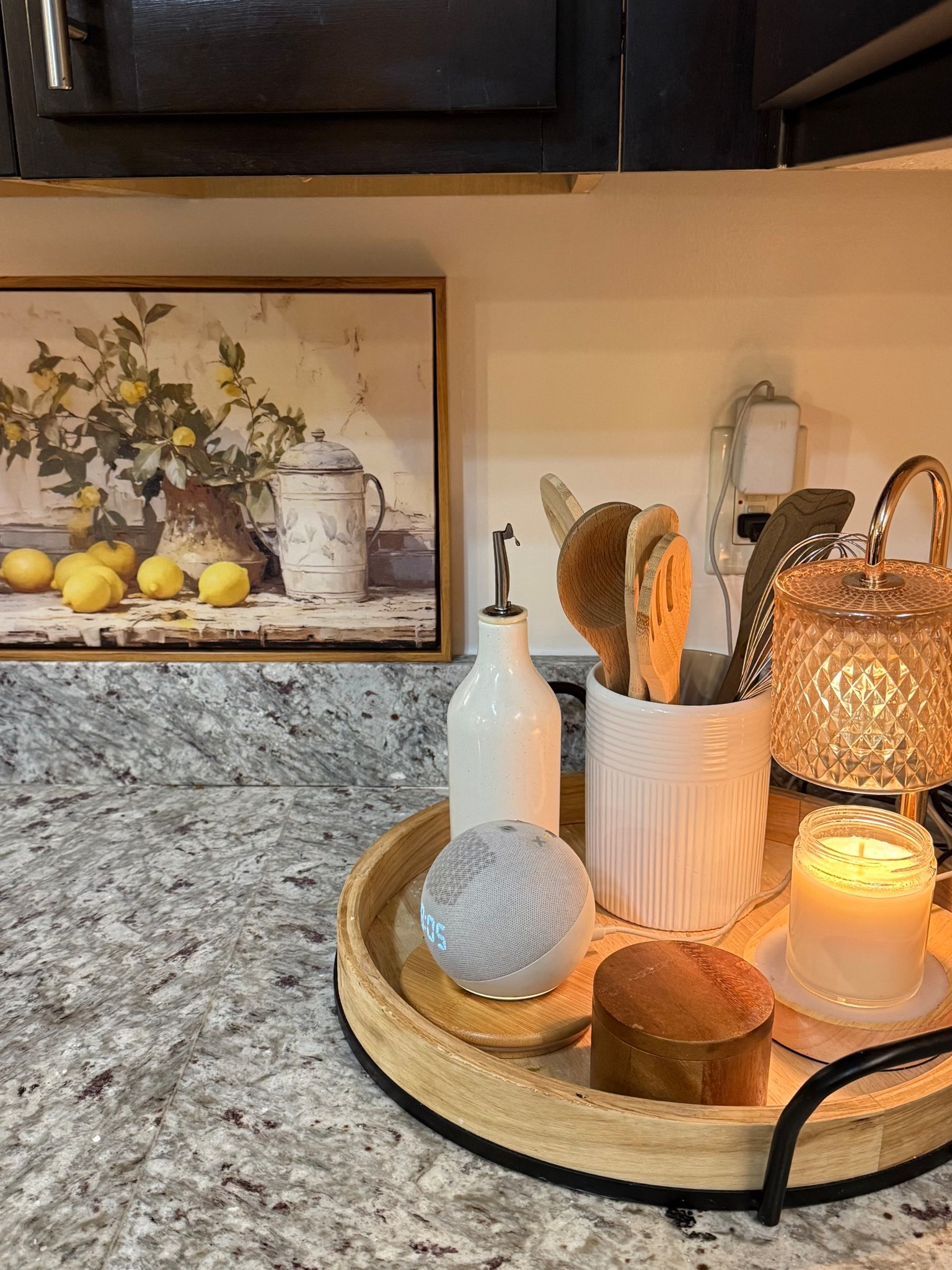 modern organic kitchen, kitchen counter styling, kitchen decor ideas, neutral kitchen decor, cozy kitchen aesthetic, curated kitchen tray, wooden tray decor, kitchen styling inspo, home decor inspiration, everyday luxury home, warm ambient lighting, candle decor kitchen, Amazon home finds, affordable home decor, minimalist kitchen styling, aesthetic home details, kitchen countertop decor, olive oil bottle decor, utensil holder styling, wood and marble kitchen, neutral home aesthetic, organic modern home, cozy apartment kitchen, small kitchen styling, curated home vibe, lifestyle home decor, soft lighting home, kitchen organization aesthetic, elevated everyday living