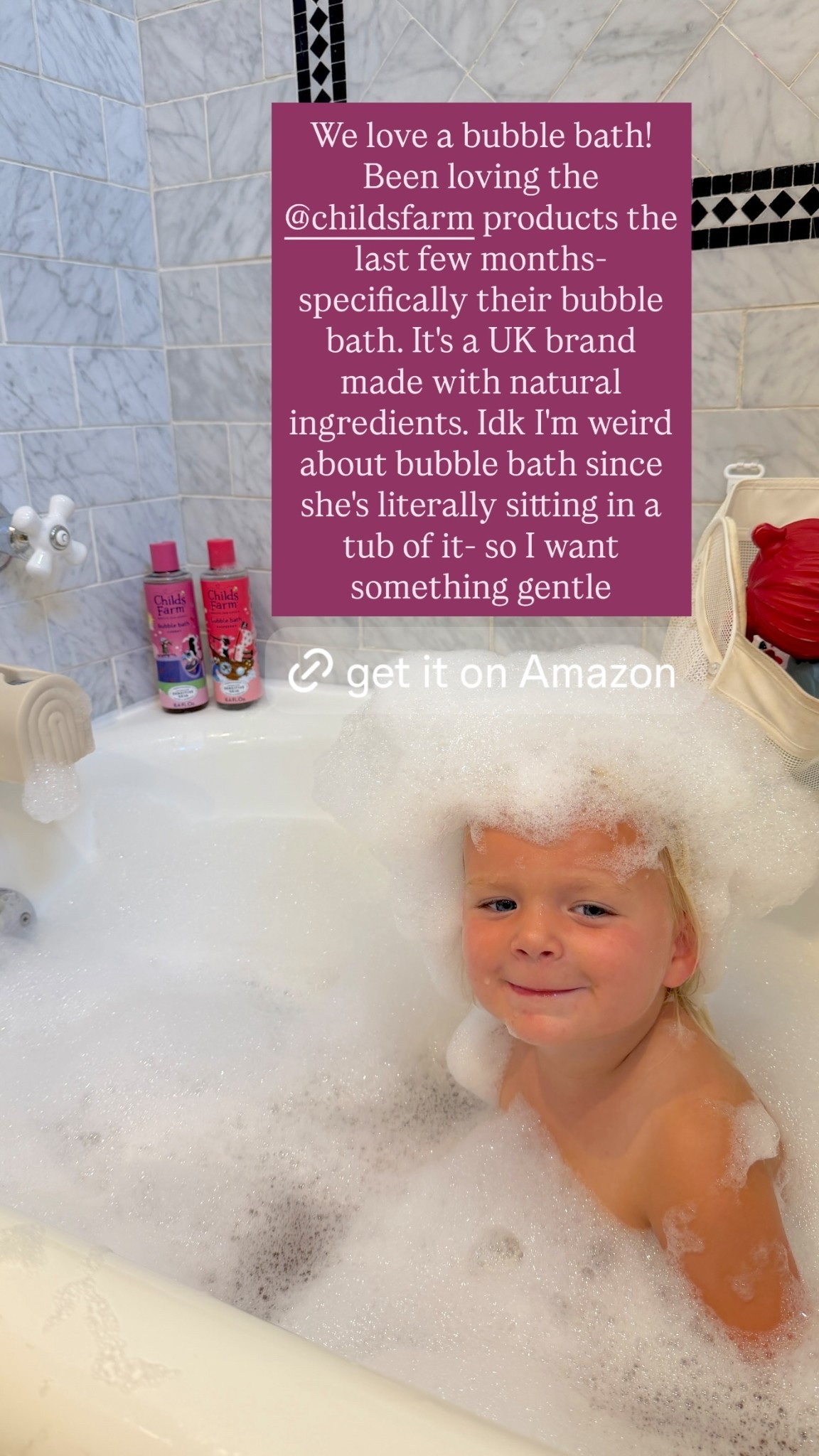 We love a bubble bath! Been loving the @childsfarm products the last few months- specifically their bubble bath. It's a UK brand made with natural ingredients. Idk I'm weird about bubble bath since she's literally sitting in a tub of it- so I want something gentle