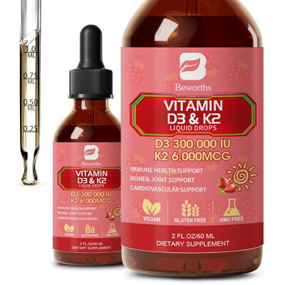 B Beworth Vitamin D3 K2 Liquid Drops,10,000 IU D3 & 200Mcg K2 per Serving, Support Bone, Heart, Joint, 2 fl oz (Strawberry) | Target