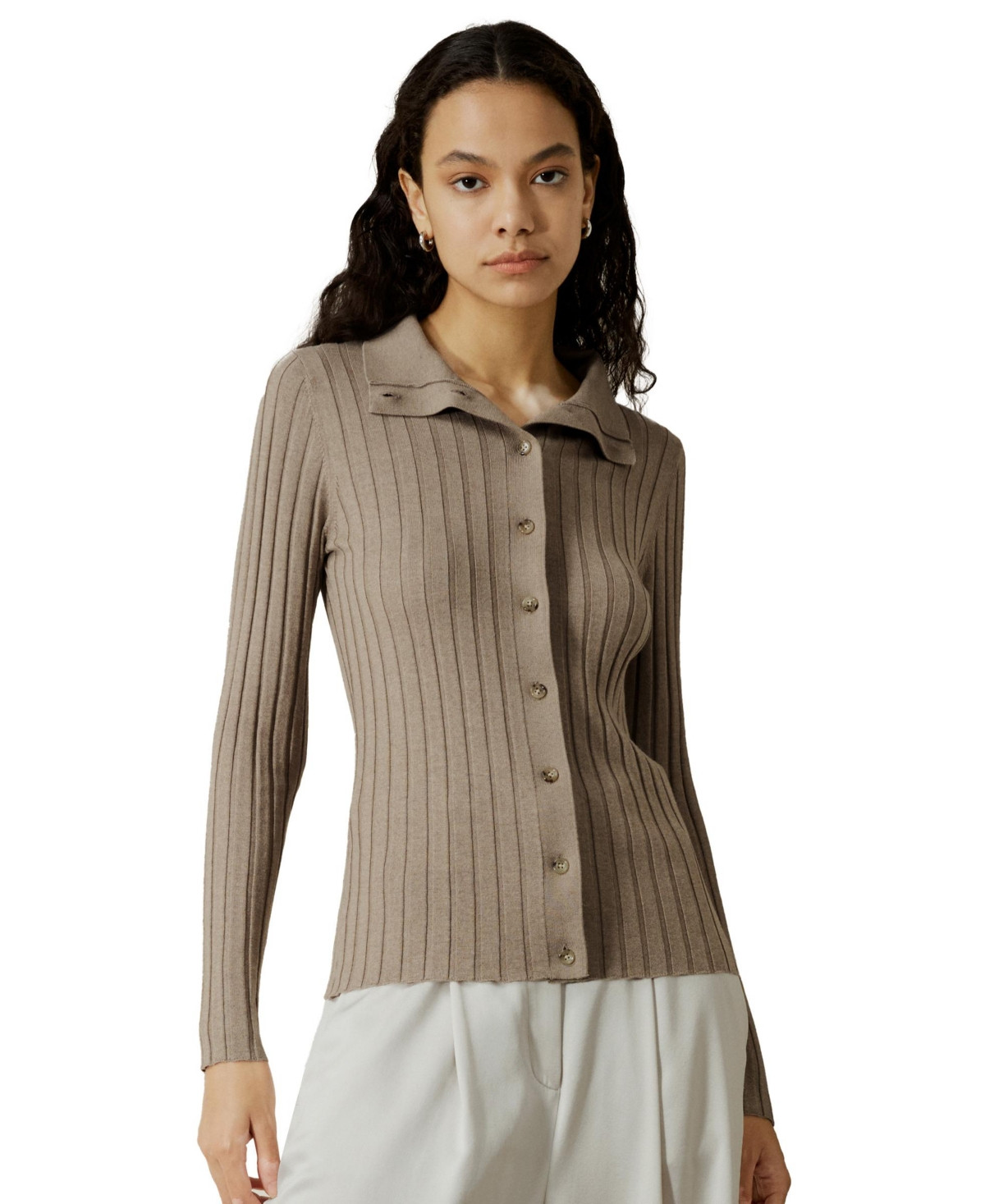 Lilysilk Women's Ribbed Silk-Cashmere Blend Cardigan - Dark camel | Macy's