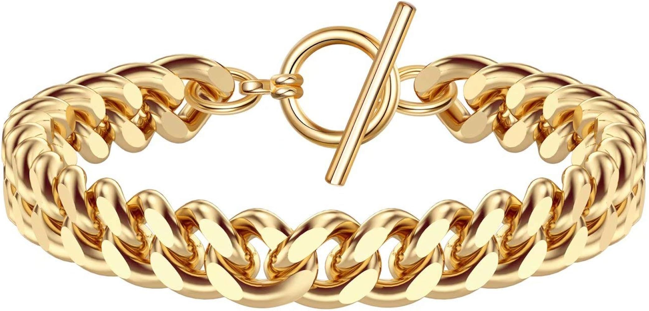 Gold Bracelets for Women, 14K Gold Plated Adjustable Dainty Layered Paperclip Chunky Figaro Herri... | Amazon (US)