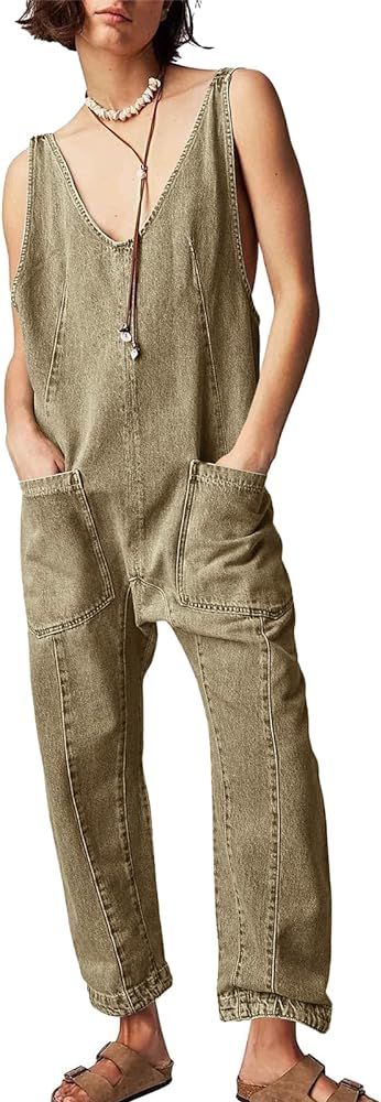 PLNOTME Women's Denim Overall Jumpsuits Sleeveless V Neck Adjustable Straps Jeans Long Pants Romp... | Amazon (US)