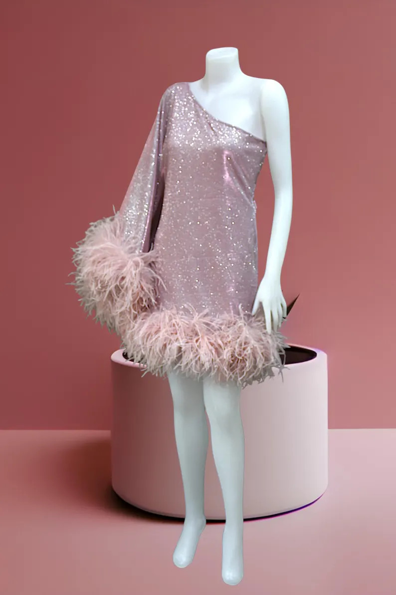 MARAYA Star Glamour One-shoulder Mini Feather Dress - Etsy | Etsy (US)