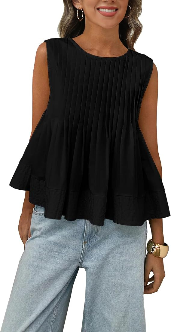 Megfie Womens Summer Pleated Peplum Sleeveless Blouse Tank Tops Round Neck Y2K Babydoll Blouse Sh... | Amazon (US)