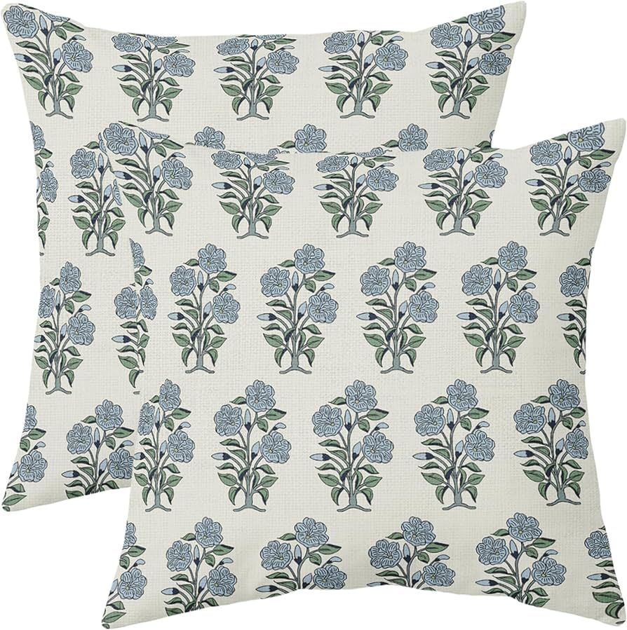 Blue Green Floral Block Print Pillow Covers 20x20 Set of 2 Chinoiserie Flower Leaves Outdoor Deco... | Amazon (US)