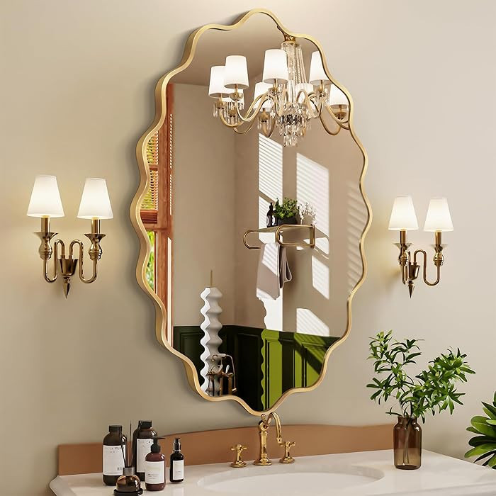 Oval Wall Mirror, 22" x 30" Gold Wavy Bathroom Mirror for Wall with Brushed Alloy Steel Frame&Sha... | Amazon (US)