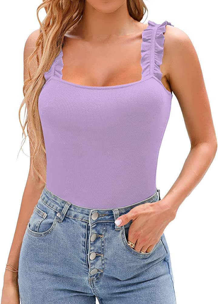 HERLOLLYCHIPS Sexy Tank Tops for Women Square Neck Ruffle Strap Ribbed Knit Tight Stretchy Sleeve... | Amazon (US)