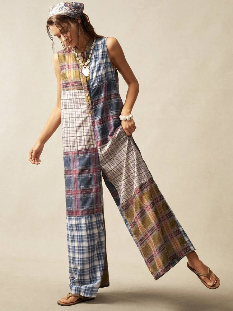 Bohemela Woven Plaid Patchwork Loose Boho Women's Jumpsuit | SHEIN