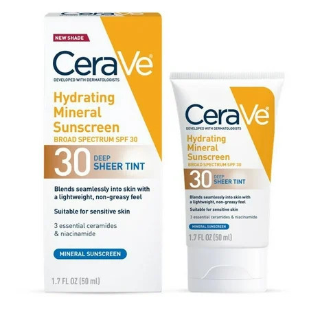 CeraVe Tinted Hydrating Mineral Sunscreen Lotion SPF 30 for Face with Sheer Tint | Walmart (US)