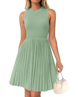 ZESICA Women's Summer Sleeveless Mini Dress 2024 Crewneck Knit A Line Pleated Swing Casual Basic ... | Amazon (US)