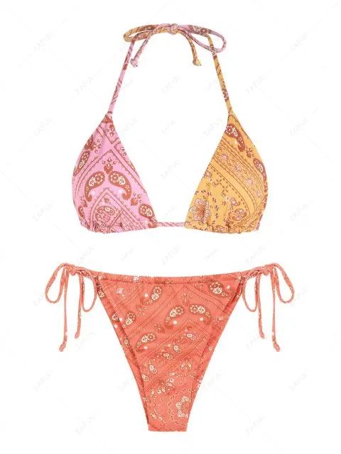 ZAFUL Ribbed Bohemian Paisley Print String Bikini Swimwear | ZAFUL (Global)