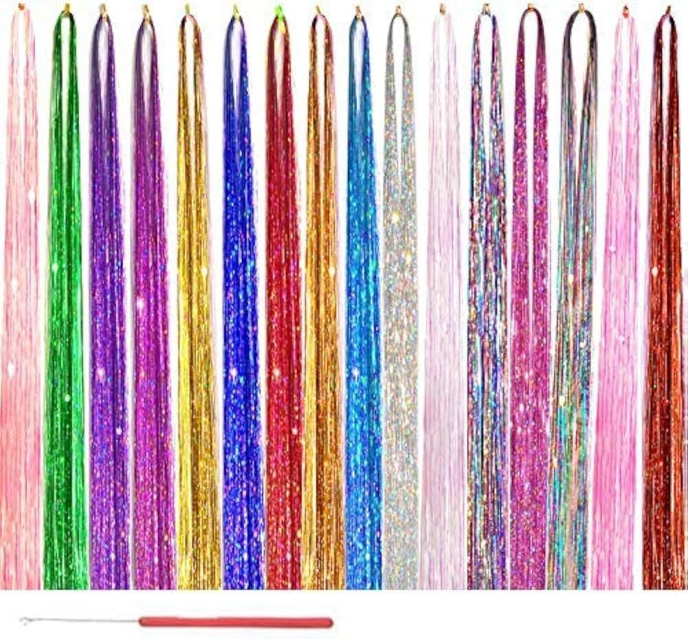 AMchoice Hair Tinsel Kit with Tools 16 Colors 3500 Strands Fairy Hair Tinsel Heat Resistant Sparklin | Amazon (US)