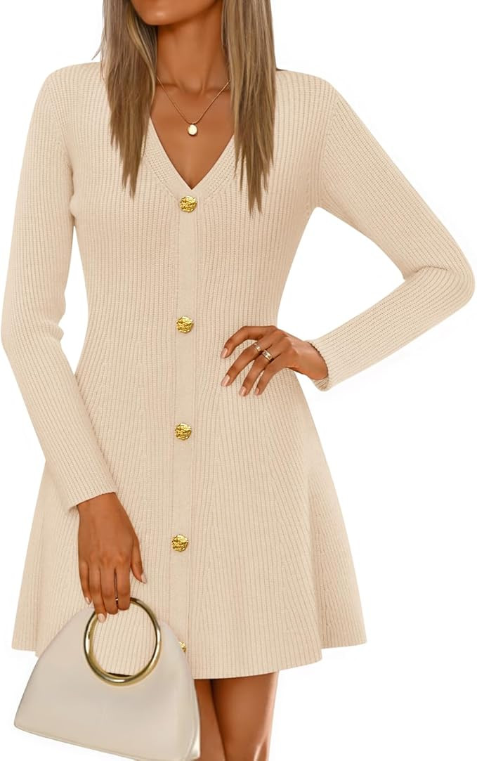 ZESICA Women's Fall Long Sleeve Sweater Dress 2025 Casual V Neck Button Ribbed Knit A Line Swing ... | Amazon (US)