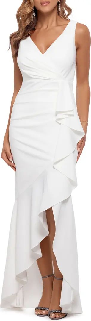 Betsy & Adam V-Neck Cascade Ruffle High-Low Gown | Nordstrom | Nordstrom
