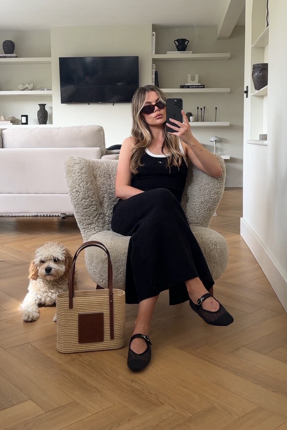 Minimal look, chic look, black and white contrast dress, black midi dress, spring dress, summer dress, ballet flats, mesh ballet flats, Loewe basket bag, 

#LTKfindsunder50 #LTKstyletip #LTKfindsunder100