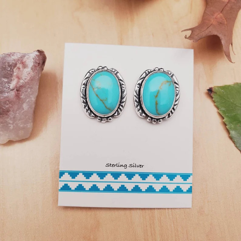 925ForHer Large Kingman Turquoise Studs | Sterling Silver Concho Stud Earrings | Big Turquoise Ea... | Etsy (US)
