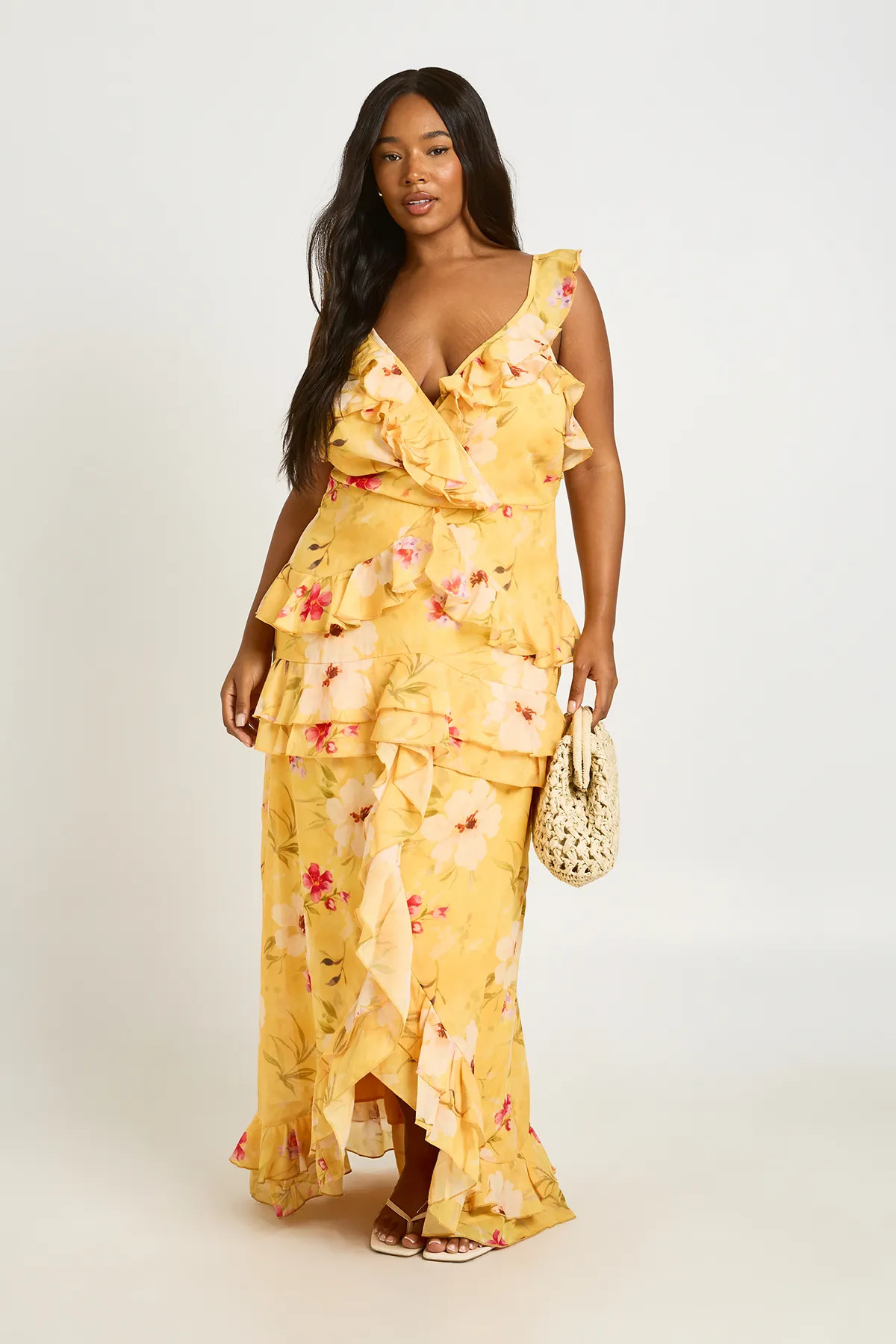 Yellow Plus Floral V Neck Chiffon Ruffle Maxi Dress | Boohoo USA | boohoo (US & Canada)