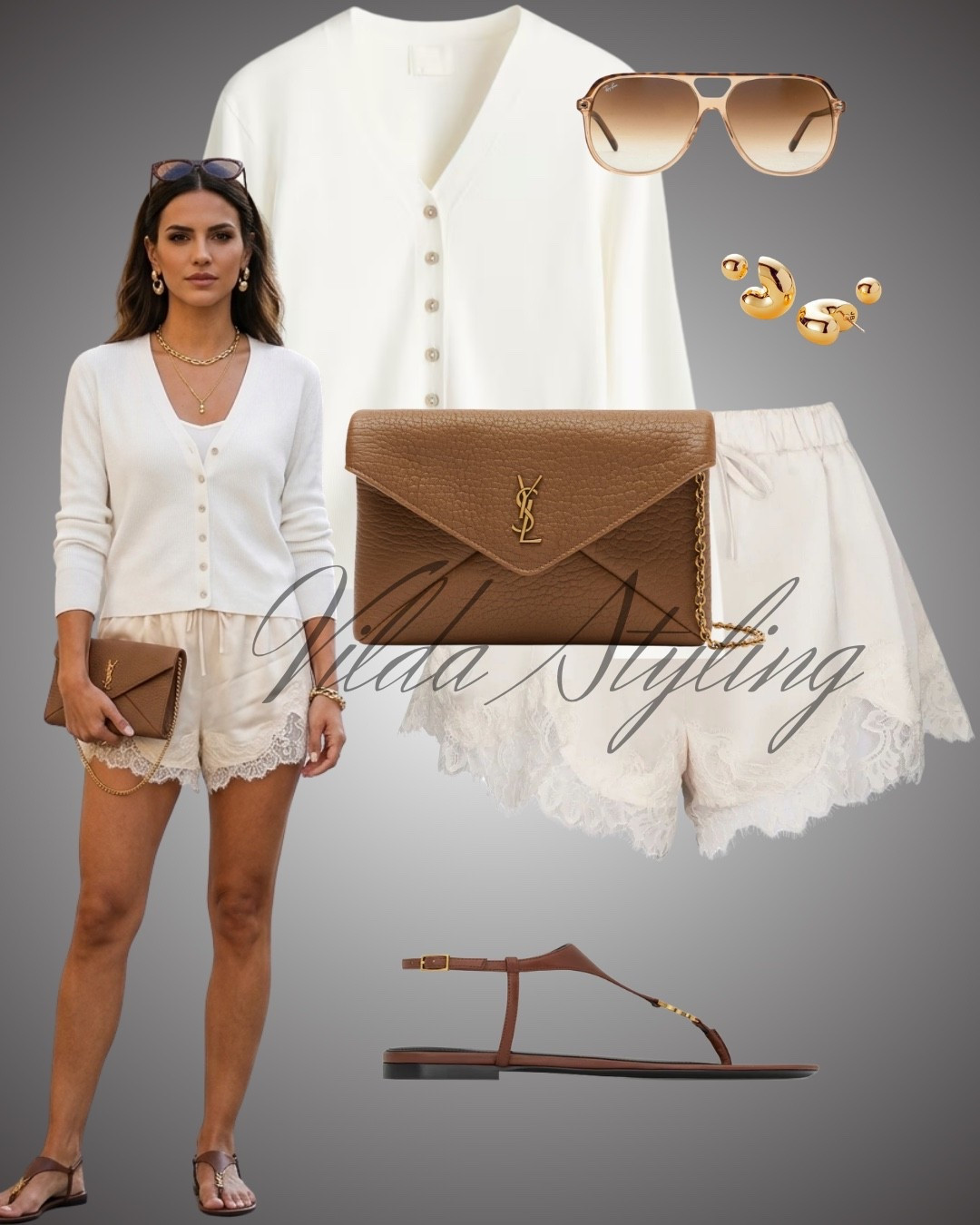 A crisp white button-up cardigan paired with lace-trimmed silk shorts. The mix of knitwear and delicate lace creates a sophisticated, feminine contrast.

#LTKspring #LTKsummer #LTKuk