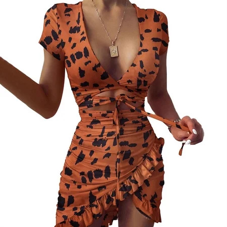 Women s Floral Print Fashion Tie Up Wrap Mini Dress Ruffles Sundress Short Sleeve V Neck Elegant Par | Walmart (US)