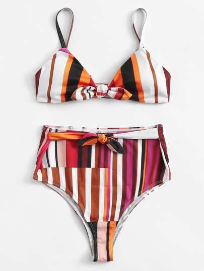 SHEIN Knot Detail Striped Bikini Set | SHEIN