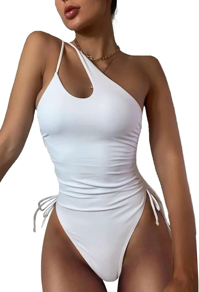 Eomenie Traje de baño de una pieza para mujer con un hombro con cordón de control de abdomen, t... | Amazon (US)