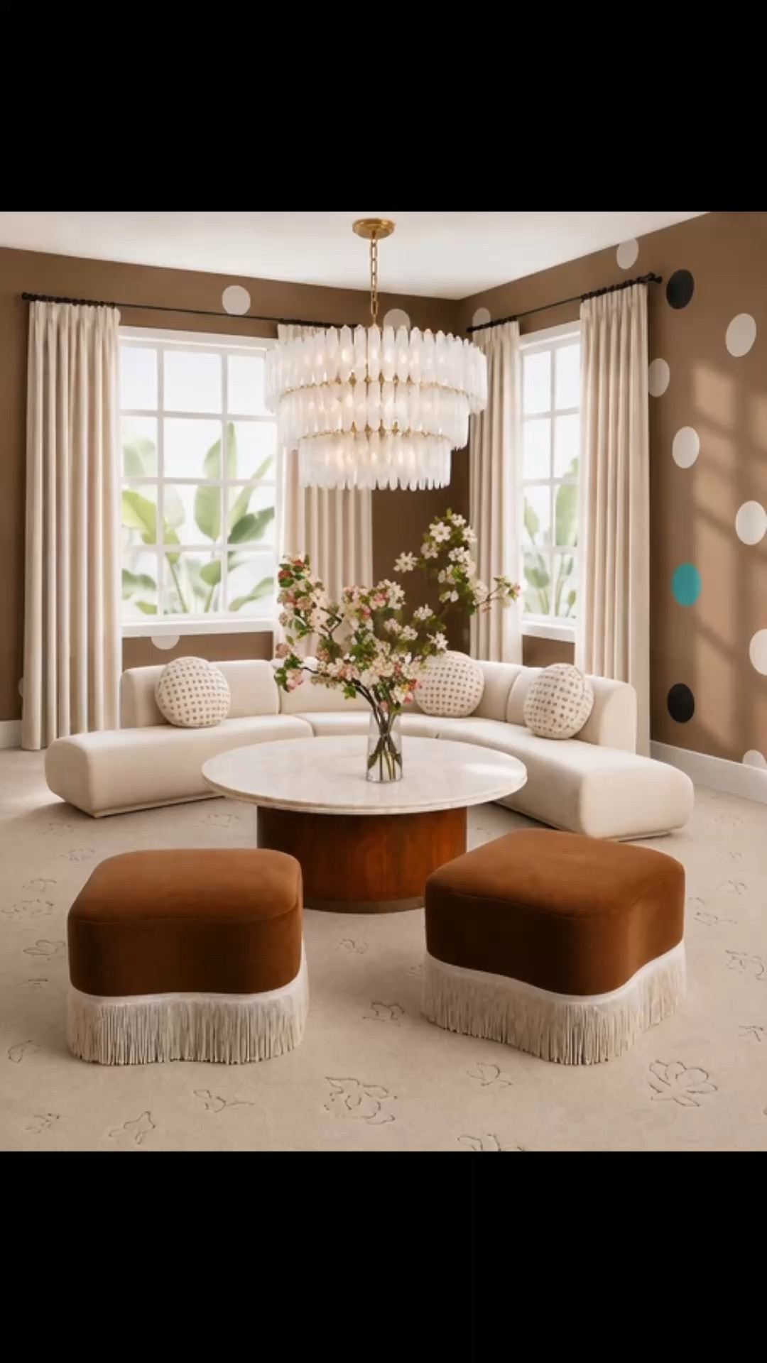 Transitioning into fall with a living room that feels warm, inviting, and wonderfully playful. 🤎

The brown polka-dot wallpaper brings warmth and whimsy to the space, keeping the deeper fall palette joyful, modern, and never dated.

Creamy linen drapes frame the windows with elegant French pleats and a beautifully tailored, floor-length drape. They soften the playful wallpaper while allowing the autumn sunshine to filter into the room naturally.

At the center, the Arhaus Gianni Three-Piece Curved Bumper Sectional makes a sculptural statement. Its graceful curve is perfect for floating in the middle of a room and creating an inviting gathering place as entertaining season approaches.

The Arhaus Verna Round Chandelier is handmade with swirled glass and an antiqued brass-finished frame, giving the room an artful glow.

The Arhaus Barbey Ottomans combine rich velvet with delicate fringe, bringing warmth, texture, and an unexpected touch of elegance.

Underfoot, the Narsi Hand-Knotted Wool Rug by Sarah Sherman Samuel for Lulu and Georgia features delicate, hand-drawn floral motifs that feel modern and beautifully understated.

Diane James Home’s Dream a Little Dream faux floral arrangement completes the room with lifelike blossoms that can be enjoyed for years with almost no maintenance.

Gathering season is coming—these are the statement pieces worth saving now as we begin building our Black Friday wish lists.

#LTKHome #FallHome #LivingRoomDesign #Arhaus #GianniSectional #CurvedSectional #BarbeyOttoman #VernaChandelier #LuluAndGeorgia #NarsiRug #HandKnottedRug #DianeJamesHome #FauxFlorals #FrenchPleatDrapes #LinenDrapes #WindowTreatments #Wallpaper #ModernClassic #GatheringSeason #BlackFridayWishlist

#LTKdayinmylife #LTKHome #LTKSaleAlert