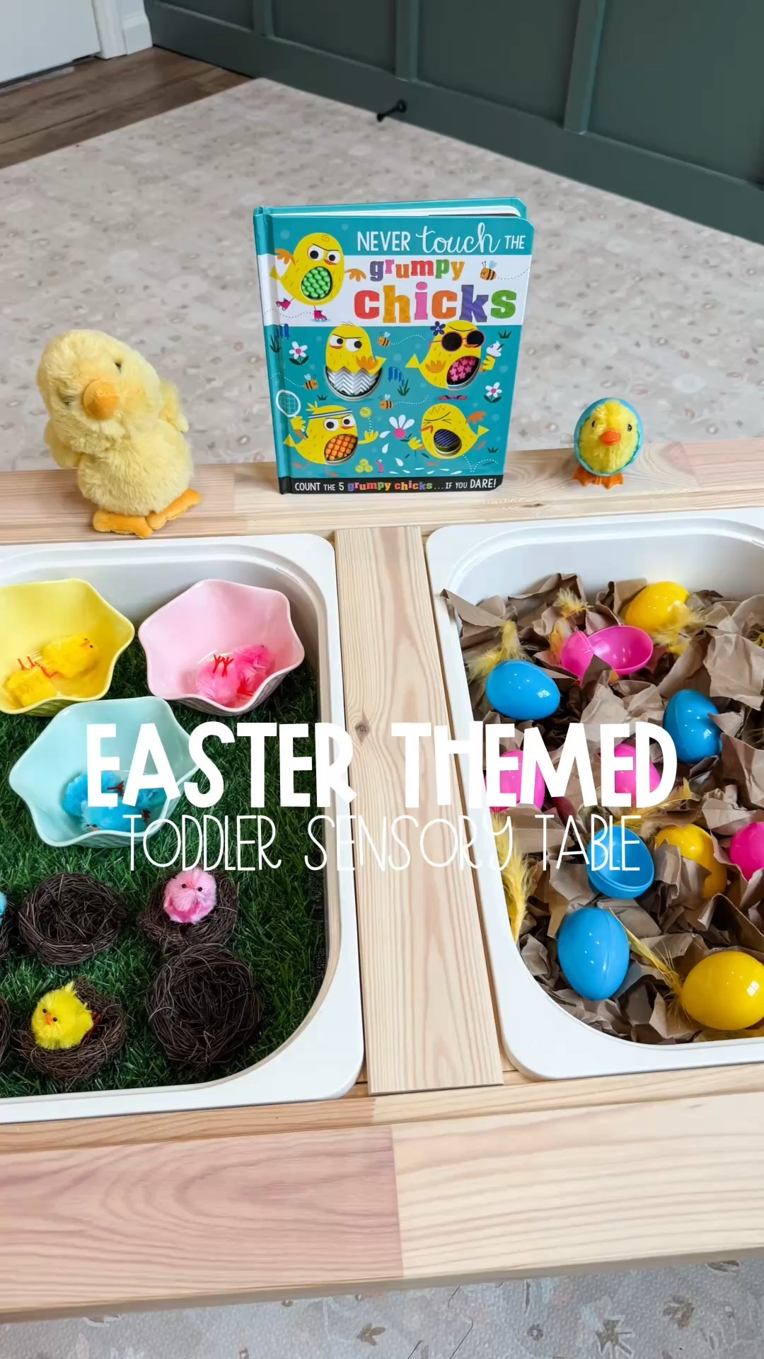 Toddler Easter Themed Sensory Table Idea! 🐣

Macy has been all about opening Easter eggs the last couple weeks, so I threw together a little chick themed sensory table for her this week!

I used our crumpled up brown paper for the chick’s bedding and added some yellow feathers! Then I found little chicks at Hobby Lobby, so I thought those would be fun to put inside Easter eggs so that Macy could have a little surprise when she opened them! 

Then for the other side I cut up a turf table runner that I found at Hobby Lobby to add to the bottom of our tub as some grass. Then I saw those cute little ice cream bowls at Hobby Lobby and thought they would be fun to color sort the chicks into and they kinda looked like baskets, right?? I also grabbed some mini nests from Hobby Lobby and figured Macy would have fun putting her little chicks in there! 

Then Macy saw that chick stuffie at the store and was so excited about it that I had to take it home, so I added that in! Then we found that fun little wind up chick at Target that fit the theme; then lastly the only chick themed book we have currently is the “Never Touch The Grumpy Chicks!” Macy loves feeling all the textures and it is perfect for working on counting as well! 

I think it turned out super cute and can’t wait for Macy to wake up from nap to come play! ☺️ 

#toddlersensoryplay #toddleractivities #sensoryactivities #diyactivities #lowprepactivities #eastersensorybin 

#LTKKids #LTKSeasonal