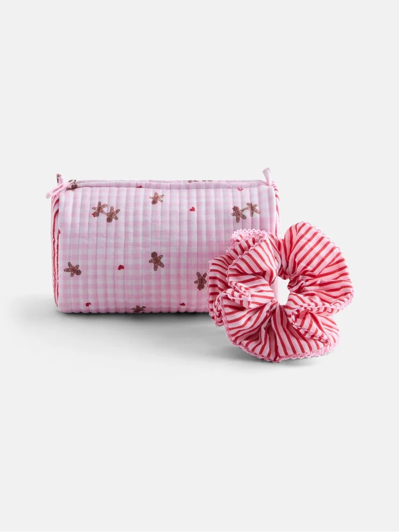 No Boundaries Quilted Pouch with Hair Scrunchie Set, 2-Piece, Women's, Pink Gingerbread | Walmart (US)