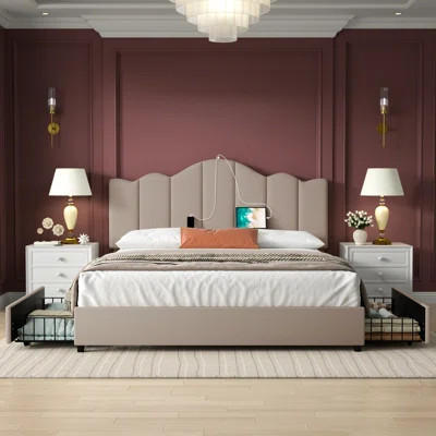 Amariss Upholstered Platform Storage Bed Frame with Adjustable Headboard, 4 Storage Drawers, Type-C & USB Charging Ports, Noise-Free Wood & Metal Stru | Wayfair North America