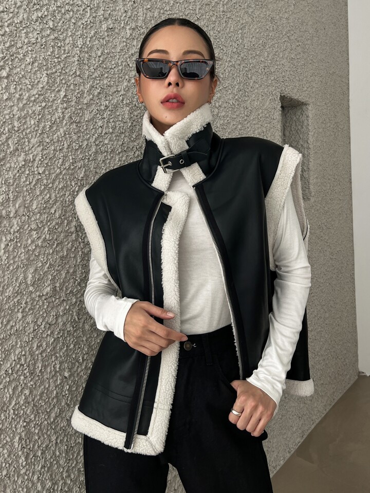 DAZY Contrast Trim Zip Up PU Vest Coat | SHEIN USA | SHEIN