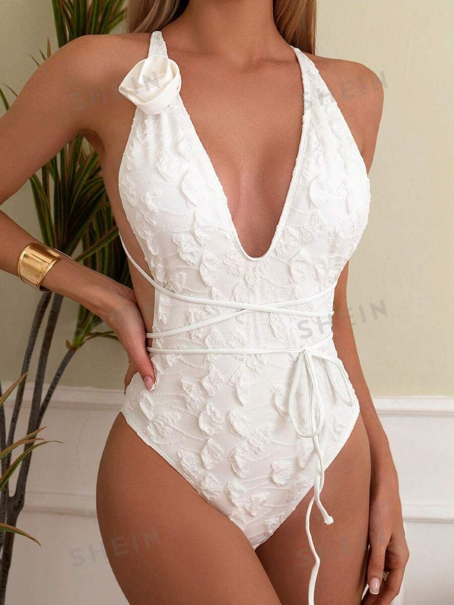 Solid Texture 3d Floral Strap Hollow Out One-Piece Swimsuit With Neck Hanging | SHEIN