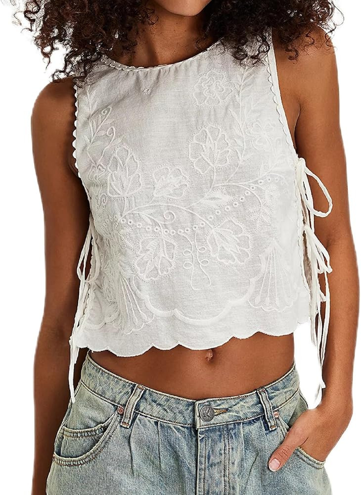 Women Side Tie Tank Top Y2k Floral Embroidery Crop Vest Sleeveless Flower Embroidered Babydoll Bl... | Amazon (US)