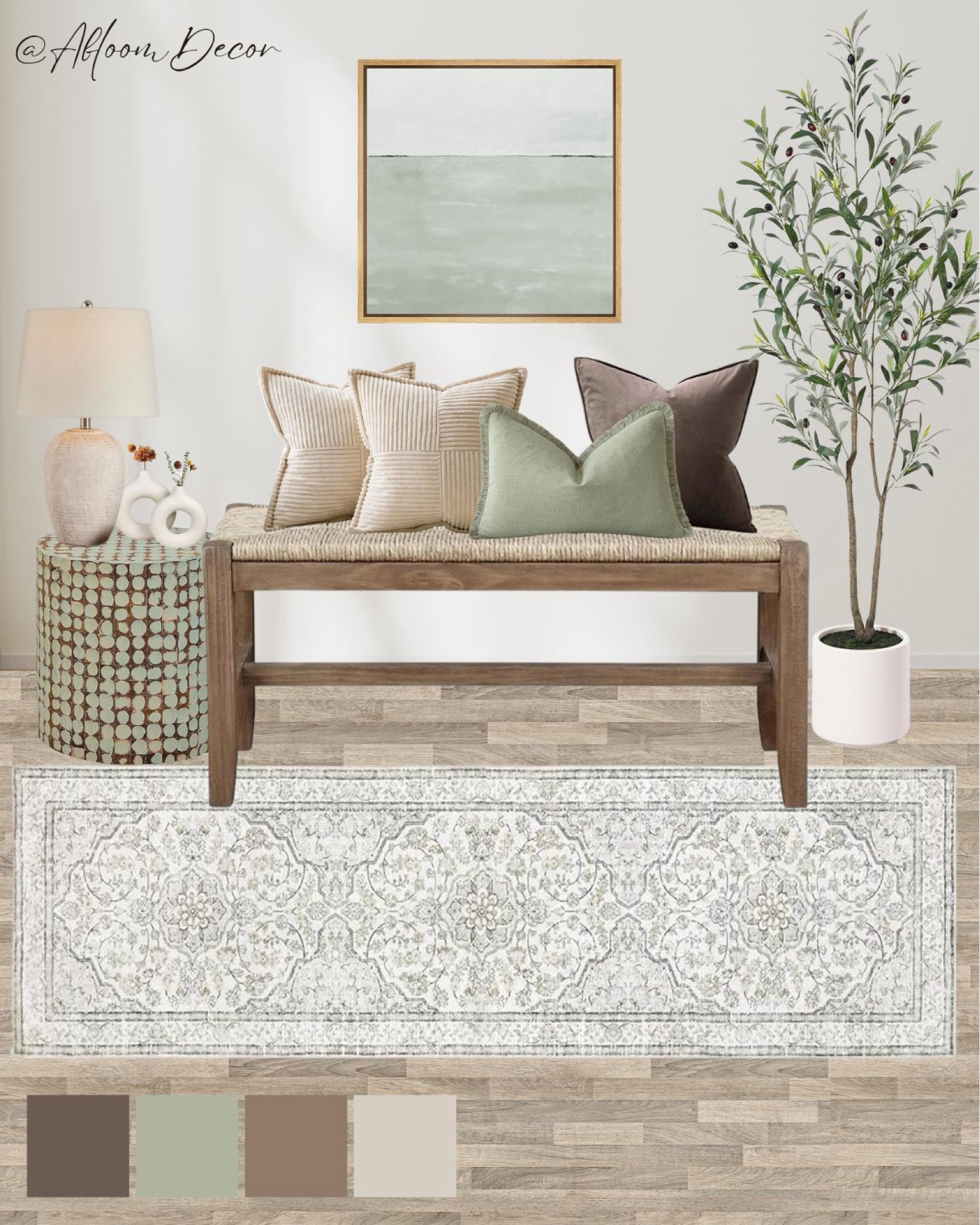 This inviting entryway combines earthy tones and soft textures, featuring a rustic bench adorned with cozy throw pillows in neutral and sage green hues. 

#LTKHome