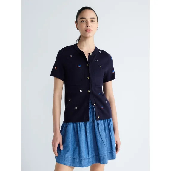 Free Assembly Women's and Women's Plus Embroidered Cardigan Sweater with Short Sleeves, Sizes XS-... | Walmart (US)