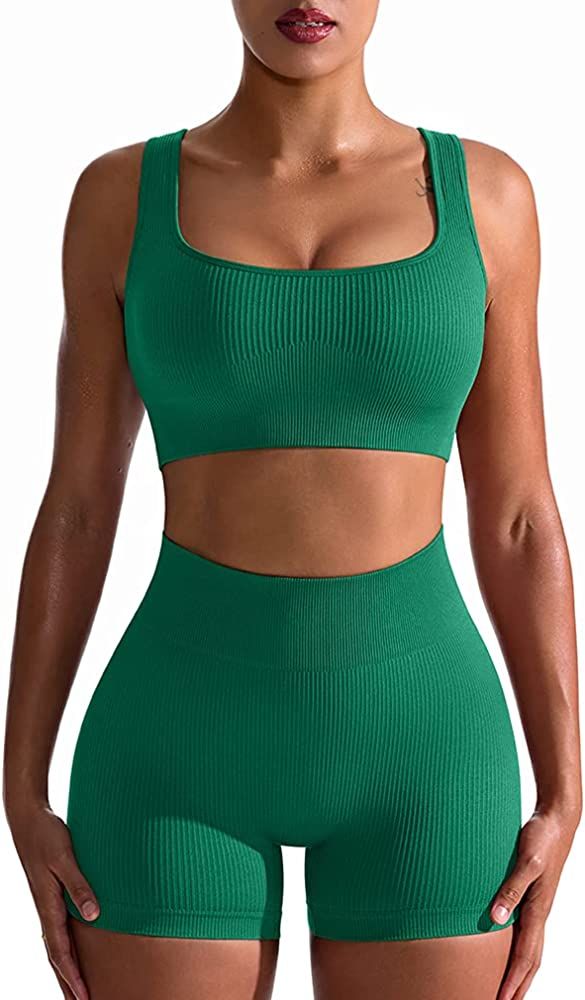 OQQ Workout Outfits for Women 2 Piece Seamless Ribbed High Waist Leggings with Sports Bra Exercis... | Amazon (US)