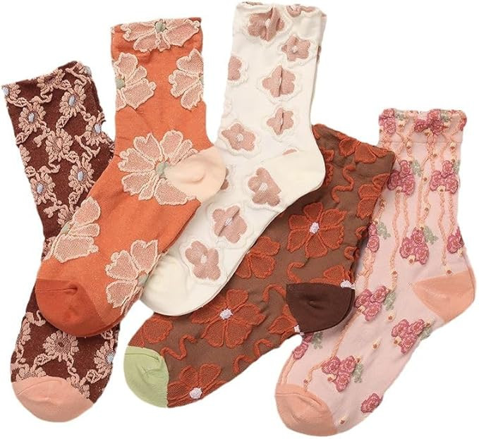 5 Pairs Floral Cotton Socks Cottagecore 3D Textured Ankle Casual Sock Lolita Fairycore Socking Co... | Amazon (US)