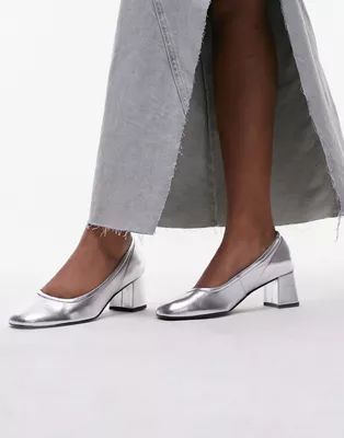 Topshop Elana leather heeled ballerina shoe in silver | ASOS (Global)