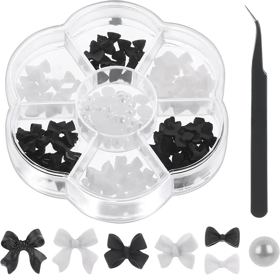 Lusofie 3D Bow Nail Charms Decoration Pearl Nail Art Stickers Black White Nail Charms Women Girls... | Amazon (US)