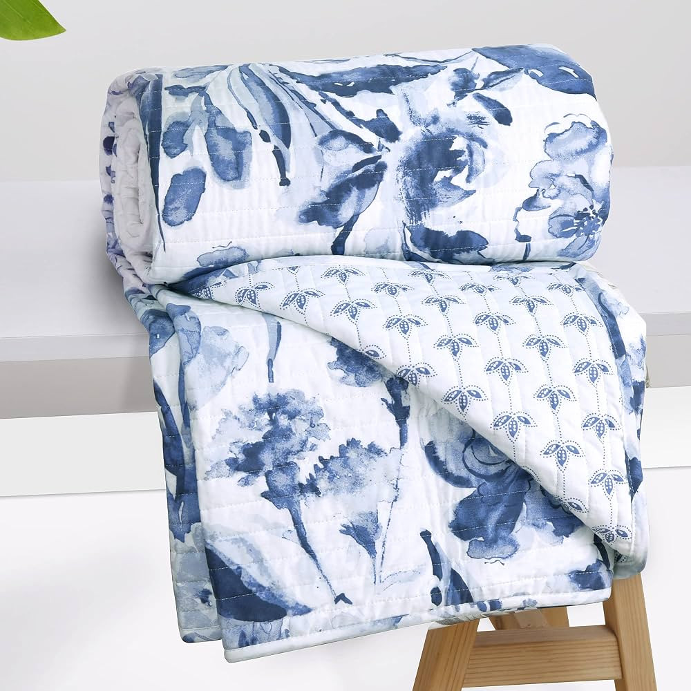 Levtex - Linnea - Quilted Throw - 50x60in. - Watercolor Floral - Blue - Reversible Pattern - Cott... | Amazon (US)